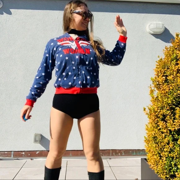 Vintage 2in1 Wonder Woman Red White Blue Star Stripe Double Side Turning Hoodie - Picture 2 of 16